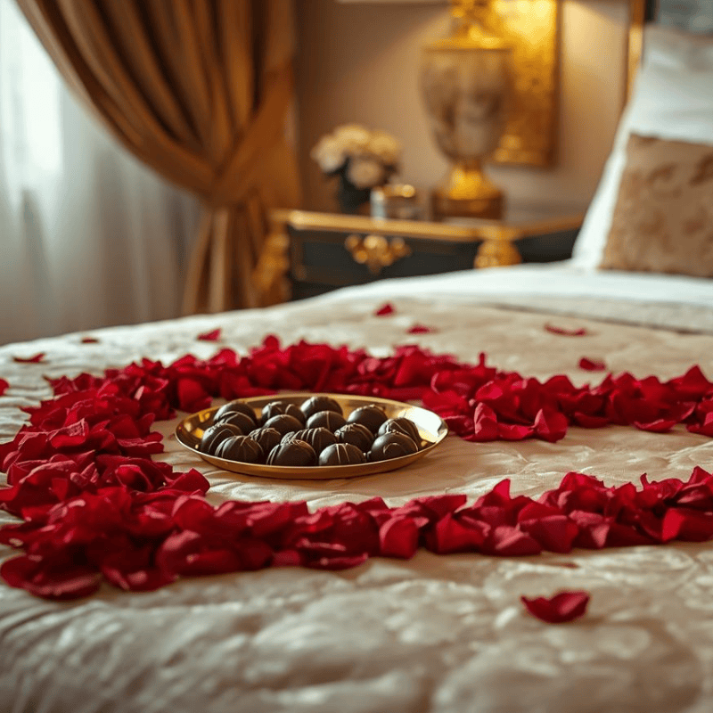 A hotel room decorated for a romantic evening.
